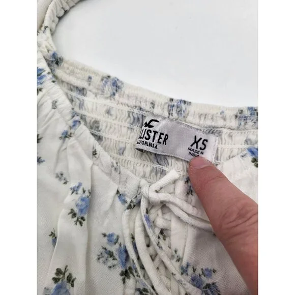 Hollister XS Puff Sleeve Mini Top Peasant Coquette White Blue Flowers Festival - Picture 6 of 7